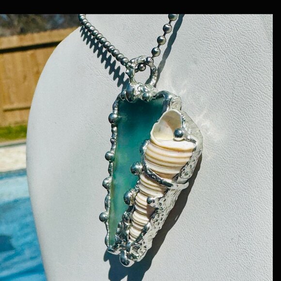 Sea Glass and Conch Pendant Encased with Intricate Artisan Boho Style Metalwork - Picture 6 of 13